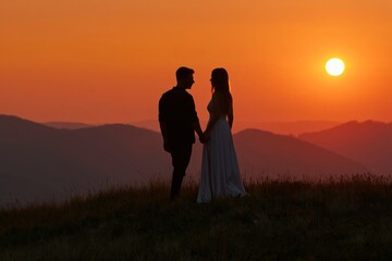Couple Holds Hands During Sunset on a Hilltop With Mountains in the Background
