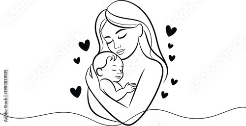 Minimalist line art of mother holding newborn baby, maternal love and care illustration, black and white outline vector of mom and infant with hearts