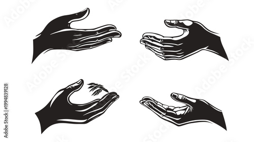 Four black and white illustrations featuring stylized hands in different positions on a white background