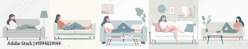 vector of a woman sitting relaxing on a sofa