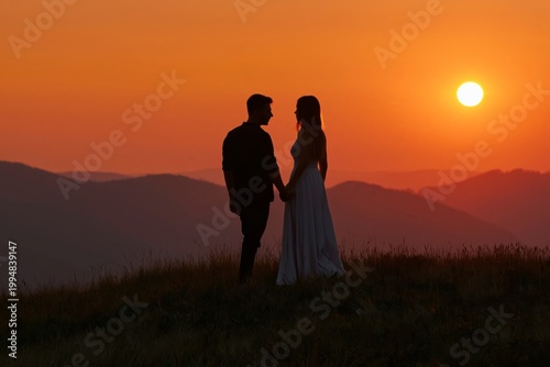 Couple Holds Hands During Sunset on a Hilltop With Mountains in the Background