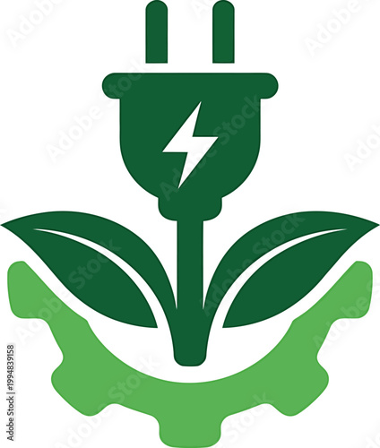 Green electricity plug with leaves and gear eco friendly symbol