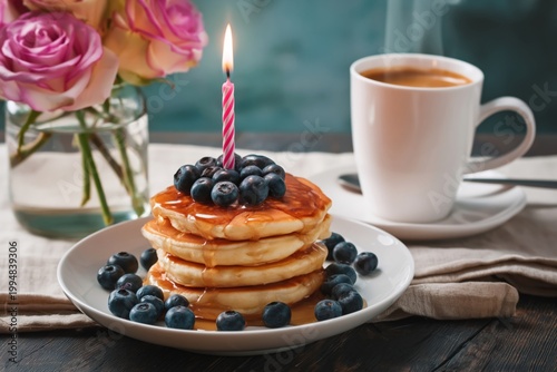 Delicious Pancakes With Blueberries and Coffee on a Table With Flowers Nearby