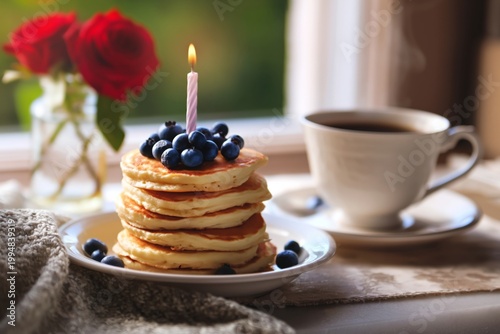 Pancakes With Blueberries and a Candle Next to a Cup of Coffee and Flowers on...
