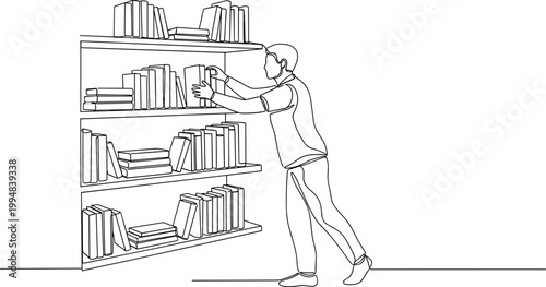 Man Selecting Book from Shelf, Single Line Art Illustration
