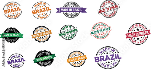 Collection of colorful made in Brazil and Italy labels and stamps  various designs