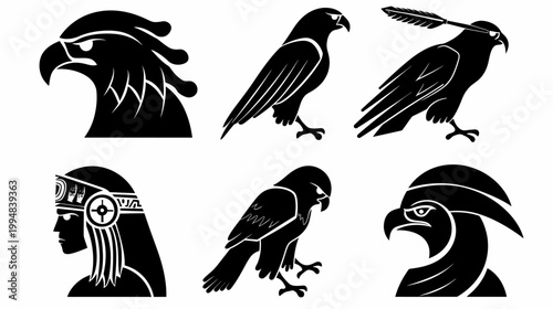 Six black glyphs four eagles, one woman, and one mythical eagle-human hybrid