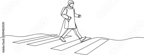 Person walking across a crosswalk, simple line drawing, pedestrian crossing street.