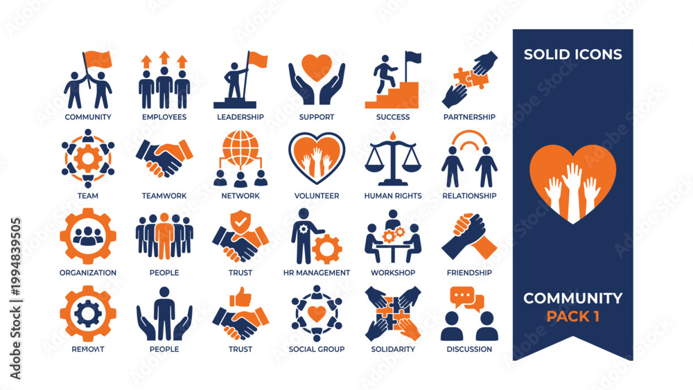 Fototapeta premium Collection of community related solid icons for business and social concepts human resources and teamwork