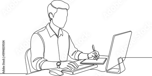 Man working on computer, drawing tablet, continuous line art