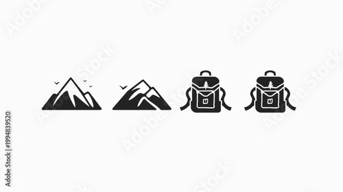 Black silhouette icons of mountains with birds and backpacks on white background