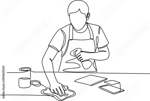 One Line Drawing of Person Cleaning Table with Spray Bottle and Cloth