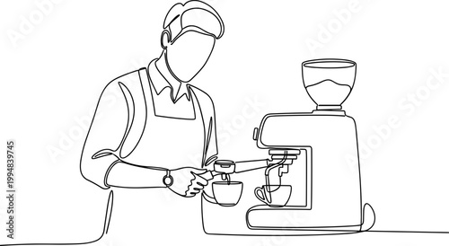 Barista making coffee with espresso machine, continuous line art