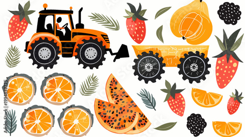 Cute illustration features an orange tractor surrounded by various fruits and leaves