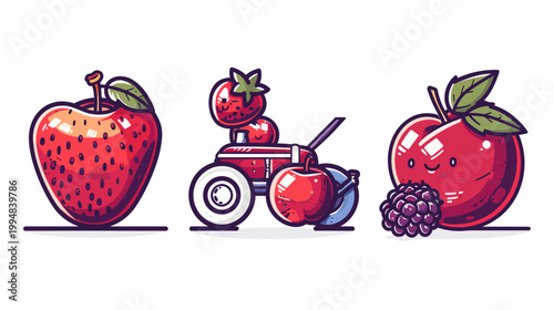 Cartoon fruits a strawberry, a strawberry tractor, and an apple with a blackberry