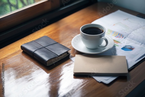 Coffee Cup and Notebook on Wooden Table Near Window in Caf During Morning Hours
