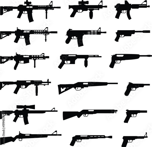 Set of firearm silhouettes including rifles shotguns and pistols in various styles isolated on white background military defense concept