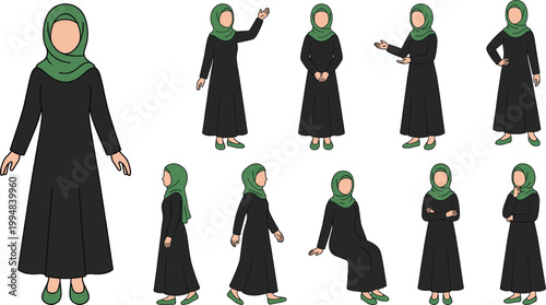 Muslim woman in black abaya and green hijab set, various poses and gestures flat vector illustration