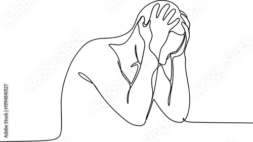 One Line Drawing of a Person in Distress, Holding Head