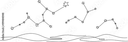 Hand-drawn constellation lines and stars above abstract wavy horizon, minimalist sketch