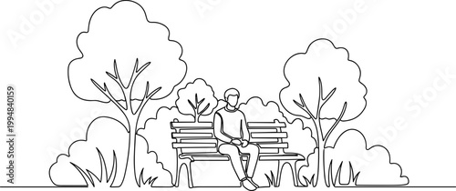 Single line drawing of a man sitting on a park bench surrounded by trees and bushes.