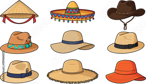 Collection of traditional and modern summer hats including cowboy sombrero straw and conical hats