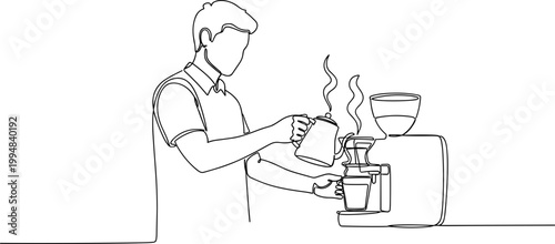 Barista Making Coffee with Pour Over and Grinder - Continuous Line Art