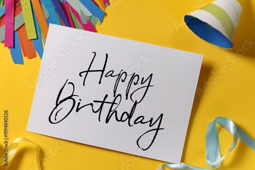 Celebration Card With a Birthday Message and Colorful Streamers on a Green Ba...