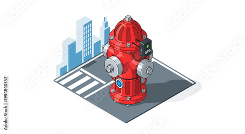 Smart City Infrastructure: Isometric 3D Illustration of a Red Fire Hydrant with GPS IoT Tracking Device