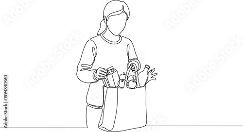 Woman unpacking groceries from a paper bag, minimalist line art illustration