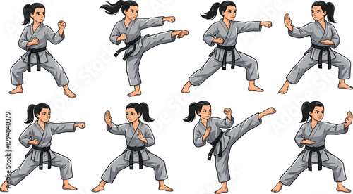 Young female martial artist in karate uniform practicing various poses and kicks flat vector illustration set
