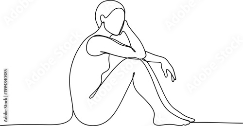 Minimalist single line drawing of a person sitting, contemplating, with hand on chin.