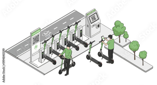 Isometric Electric Scooter Charging Station and Smart City Micro-mobility Concept with People Renting E-scooters via QR Code