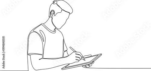 Continuous line drawing of a young man using a digital tablet and stylus