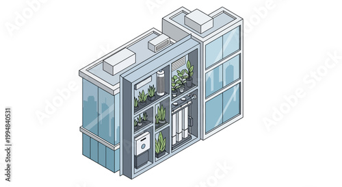 Isometric Illustration of an Urban Vertical Farming System and Hydroponic Indoor Garden Integrated into a Modern Building for Sustainable Food Production and Green City Living