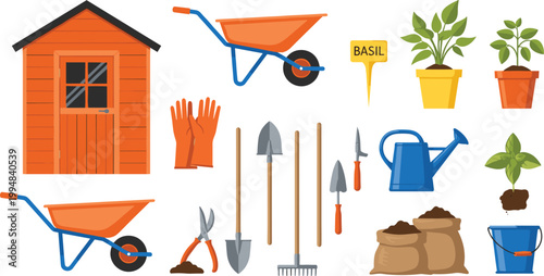Gardening Equipment Collection with Shed, Wheelbarrow, Tools, Plants, and Soil for Home Garden Design, Agriculture Projects, and Vector Illustration Set.