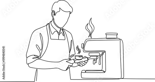 Barista making espresso with coffee machine, line art illustration