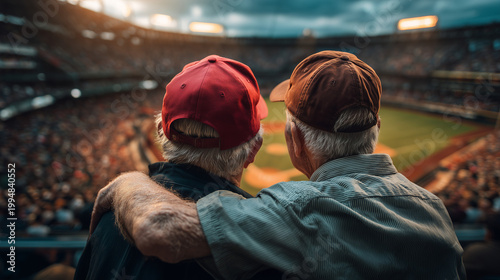 Veterans Reuniting at Baseball Stadium Embracing During Game Showing Friendship and Nostalgia Sports Event Experience