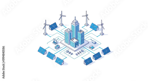 Isometric Smart City Powered by Renewable Energy, Wind Turbines and Solar Panels for Sustainable Urban Development