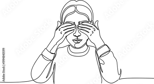One Line Drawing: Woman Covering Eyes with Hands, Simple Minimalist Portrait