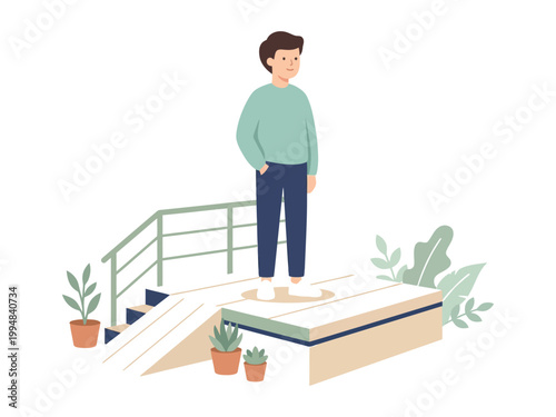 Cartoon man standing on platform with stairs and plants around him smiling confidently outdoors