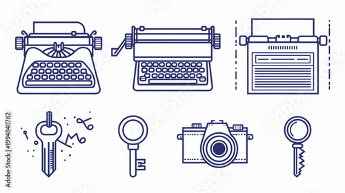 Collection of vintage typewriter, key, and camera vector outlines on a white background