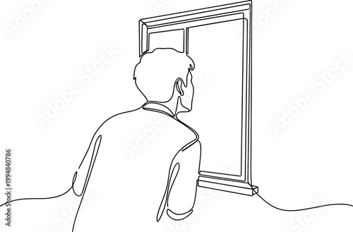 Man looking out window, continuous line drawing, minimalist, contemplating future