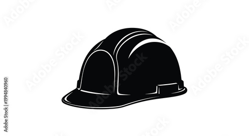 A stark black silhouette depicts a standard construction hard hat isolated on a plain white background high quality