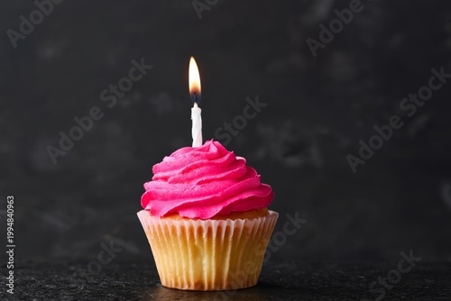 Cupcake With Pink Frosting and Candle on a Dark Background