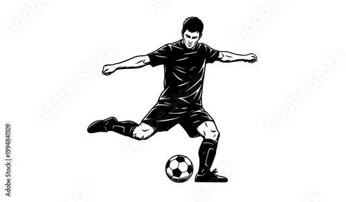 Soccer player kicking ball front view silhouette ink drawing vector illustration