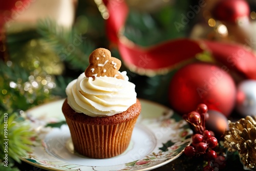Cupcake With Gingerbread Cookie on Top During Holiday Celebration in a Festiv...