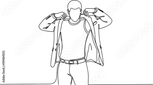 Man putting on a jacket, simple line art illustration