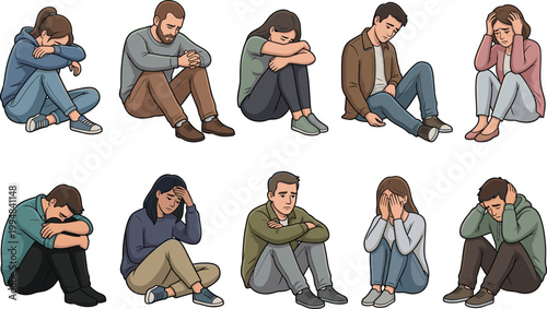Sad and depressed people sitting on floor, young men and women feeling lonely
