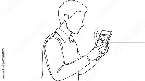 Foto Man using smartphone, receiving notification alert with bell icon, line art illu